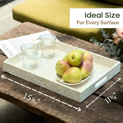 Capiz Decorative Tray 15.8” x 11.8” x 1.8" Rectangular Tray, Natural Handmade Serving Tray with Handles for Coffee Tables, Ottoman, Vanity, Kitchen, Coastal Boho Home Decor, White