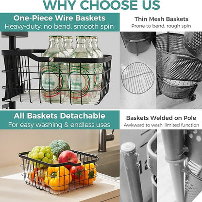 4 Tier Kitchen Fruit Vegetable Storage Cart with One-Piece Rotating Basket, Pantry Organizer Shelf Rack Floor Stand for Veggie Onion Potato Produce Spice, Rolling Snack Cart on Wheels, Black
