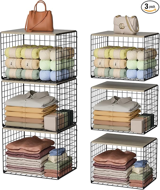 Wider Stackable Closet Organizers and Storage with Wood Top, 3 Pack Closet Shelf Organizer, Double Storage Design, Clothes Storage Cube/Bins Organizer for Wardrobe, Space-Saving, Black,Sturdy,Metal