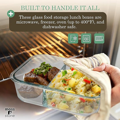 Moss and Stone Rectangular Borosilicate Glass Meal Food Containers - Prep Food Storage Containers Airtight - Snap Locking Lids – Microwave, Oven, Freezer, Dishwasher Safe – with 2 Compartment 2 Pack