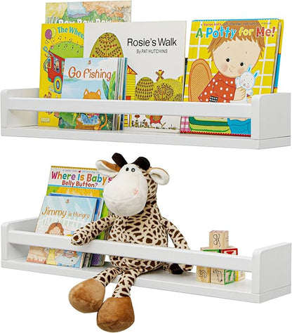 Fun Memories Nursery Book Shelves, 24Inch Floating Shelf for Wall, Wall Bookshelf for Kids Solid Wood Wall Mounted Shelves for Books,Toys and Decor Storage, Set of 2