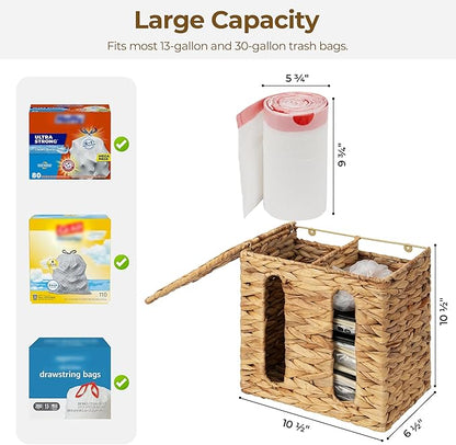 StorageWorks Garbage Bag Dispenser with Lid, Decorative Water Hyacinth Storage Baskets