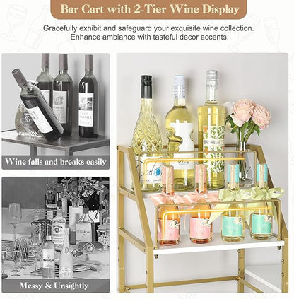 VINAEMO Gold Bar Cart With Wine Glass Holder, Stand for Home, Small Mini Bar for Whiskey Wine, Liquor Cart, Alcohol Cabinet for Kitchen, Dining Room