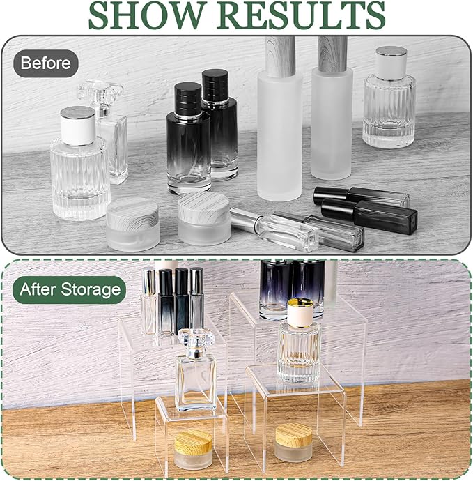 8 Pcs Square Acrylic Display Risers, 2 Sets 4 Sizes Tall Acrylic Risers Display Stands, 0.12" Thick Clear Risers for Displays, Clear Display Shelf for Figure Action Jewelry Showcase