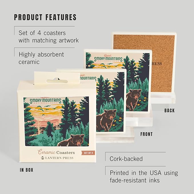 Lantern Press Great Smoky Mountains National Park, Explorer Series (Absorbent Ceramic Coasters Set of 4 Matching Images, Cork Back, Kitchen Table Decor)