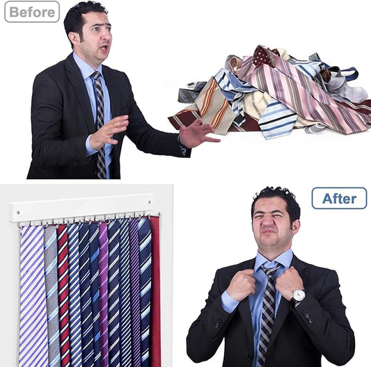 【2 in 1】 2 Pack Tie Organizer Belt Organizer Wall Mounted, Space Saving Tie Rack Belt Hanger for Closet with 24 Storage Hooks, Belt Tie Holder for Closet Organizer Storage White