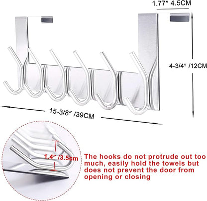 SKOLOO Over The Door Hook - 6 Hooks, No Assembly Required, Stainless Steel Door Hooks, Over Door Coat Rack for Hanging Coats Clothes Hats Robes, Silver