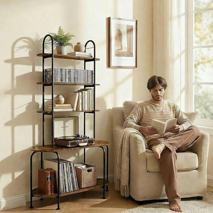 5-Tier CD Storage Rack, Record Player Stand with Storage, DVD Organizer Shelf with Adjustable Book Stoppers, Media Storage Rack for CD/DVD, Books, Games, for Living Room, Bedroom, Home Office, Rustic