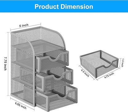 EasyPAG Mesh Desk Organizer with 3 Drawer Office Desktop Organizers and Accessories Stationery Caddy for Office, Home, Students, Silver
