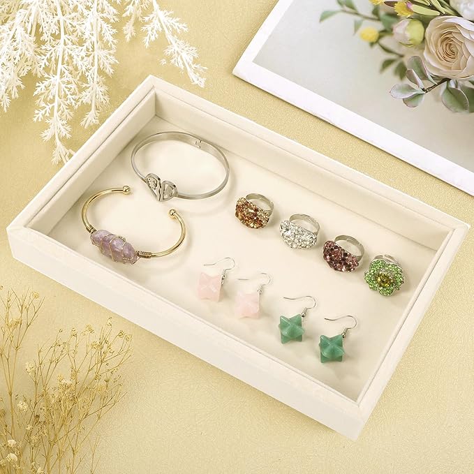 Mornajina 2 Pcs 9" x 5.7" Velvet Jewelry Tray Jewelry Display Tray, Stackable Empty Plate Trays for Earrings Necklaces Bracelet Rings Display Showcase - Light Khaki