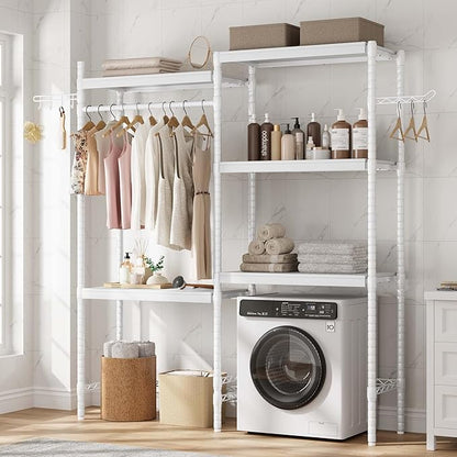 Over the Washer and Dryer Storage Shelf, 5-Tier Laundry Room Shelves with Hanger Rod & Hooks, Space-Saving Storage Shelf with Adjustable Height for Laundry Room, 61" W x 11.8" D x 74" H(White)