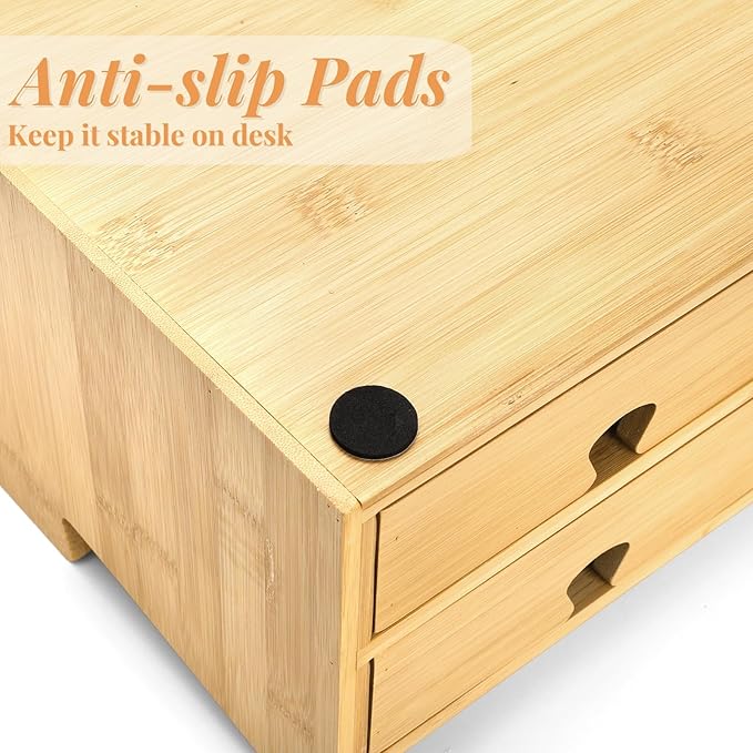 Bamboo Desk Organizer with Drawers, Small 3 Tier Desktop Drawers for Countertop, Mini Tabletop Storage Containers with Anti-scratch Pads for Home Office Supplies Makeup, No Assembly Required