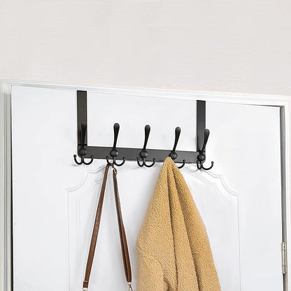 SKOLOO Over The Door Hook - for Doors up to 1-3/4'' Thickness, Pack of 2, Metal Door Hanger with 5 Triple Hooks, Black Over The Door Hanger for Coats, Hats,Towels, Assembly Required
