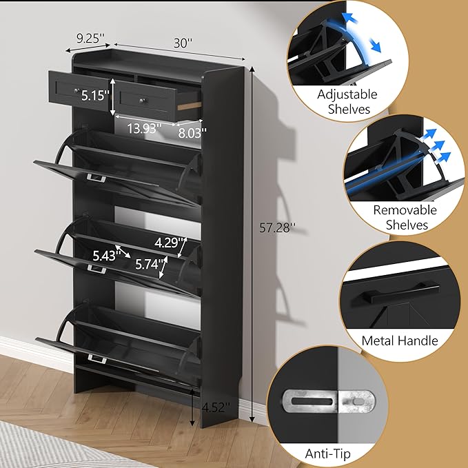 Shoe Cabinet with 3 Flip Drawers & 2 Storage Drawers, Rustic Farmhouse Narrow Shoe Organizer Cabinet, Slim Shoe Rack Cabinet, Shoe Storage Cabinet for Entryway, Hallway, Front Door