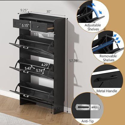 Shoe Cabinet with 3 Flip Drawers & 2 Storage Drawers, Rustic Farmhouse Narrow Shoe Organizer Cabinet, Slim Shoe Rack Cabinet, Shoe Storage Cabinet for Entryway, Hallway, Front Door