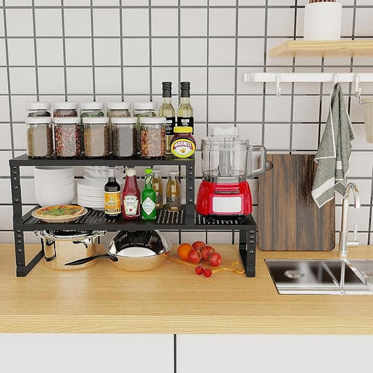 Expandable Cabinet Shelf Organizer Storage Spice Rack Shelves for Kitchen Stackable Adjustable Pantry Cupboard Bathroom Countertop Desktop(2Packs/Black/Medium-with Hole)