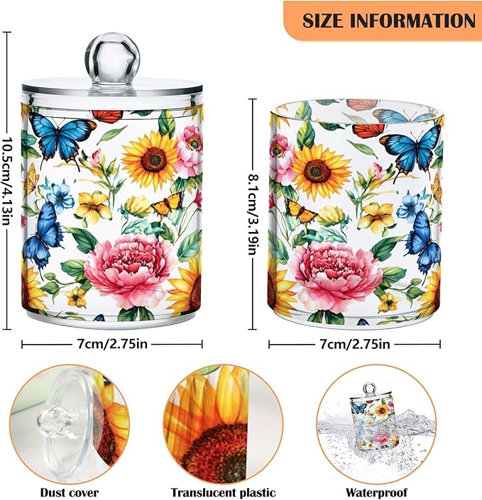 MNSRUU 2 Pack Qtip Holder Organizer Dispenser Sunflowers Peonies and Butterflies Bathroom Storage Canister Cotton Ball Holder Bathroom Containers for Cotton Swabs/Pads/Floss