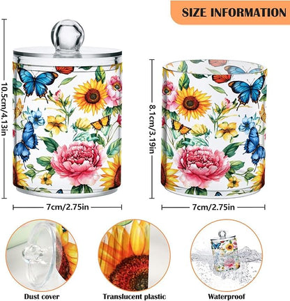 MNSRUU 4 Pack Qtip Holder Organizer Dispenser Sunflowers Peonies and Butterflies Bathroom Storage Canister Cotton Ball Holder Bathroom Containers for Cotton Swabs/Pads/Floss