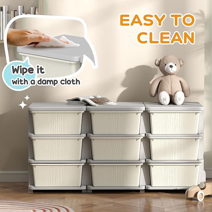 Qaba 3 Tier Kids Storage Unit, Toy Organizers and Storage with 9 Drawer Chest for Kids Bedroom Nursery Kindergarten Living Room for Boys Girls Toddlers, Cream White