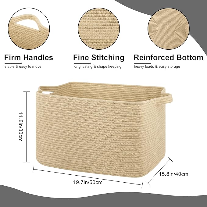 Large Blanket Basket, Jute Blanket Storage Living Room, Rectangle Woven Baskets for Storage Toys, Towels, Dirty Clothes Organizer Bins (Jute)
