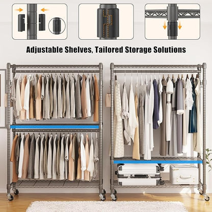 BATHWA Rolling Garment Rack Portable Closet Clothes Rack for Hanging Clothes, Metal Wardrobe Clothing Rack with Wheels and 8 Side Hooks, Double Rods, Adjustable Shelves, Gray