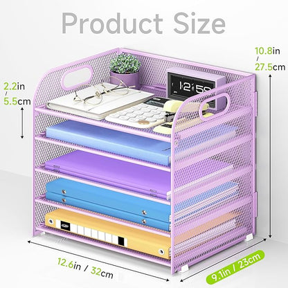 2 Pack 5 Tier Paper Organizer, Letter Tray with Handle, Mesh Desk Organizer, Metal File Organizer, Office Desk Accessories for Home, Office, Classroom, School -Purple