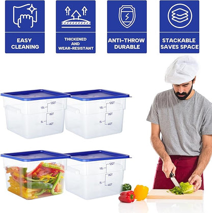 BIEAMA 4 Pack Food Storage Containers, 12 Quart with Lids, Square Commercial Containers with Scale, NSF, Polycarbonate, Clear