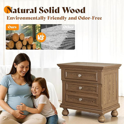 AMERLIFE Fully Assembled Nightstand, Solid Wood End Table with 2 Storage Drawers, 26" Extra Large Traditional Bedside Cabinet for Bedroom, Light Brown
