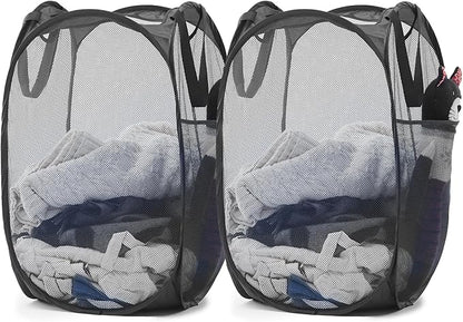 TECHMILLY Upgraded 105L Collapsible Mesh Pop Up Laundry Hamper with Sturdy Handles and Side Pocket - Portable Foldable Clothes Baskets for Dorm, Bathroom & Travel Storage (Black Plus，2 Packs)