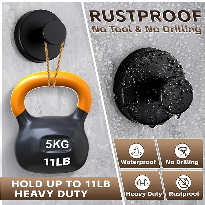 Supopular Reusable Heavy Duty Suction Cup Hooks for Kitchen/Bathroom/Shower - Wet-Proof Hooks for Towels, Robes, Loofah&Wreaths/No Drill Mounting on Glass, Tile, Metal (2, Matte Black)