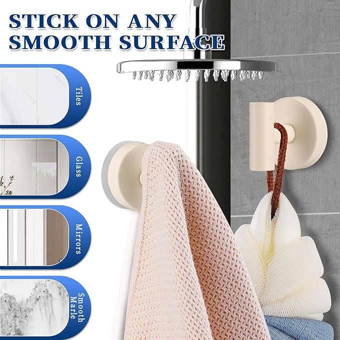 warlve Heavy Duty Reusable Suction Cup Hooks for Shower - No Drill Bathroom/Glass/Mirror/Tiles & Metal Surfaces,and Smooth Non-Porous Surfaces for Towels, Robes, Loofahs (2, Milk White)