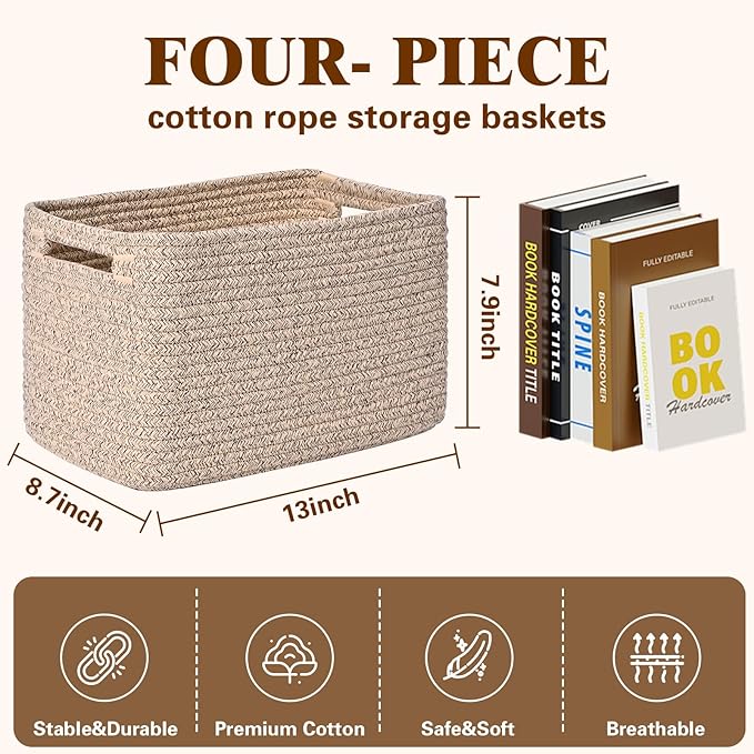 Storage Baskets for Organizing, 4 Pack Storage Baskets for Shelves, Woven Basket for Shelves, Closet Organization, Rectangle Organizer Basket Gifts Empty, 13"Lx8.7"Wx7.9"H Decorative Bins with Handles
