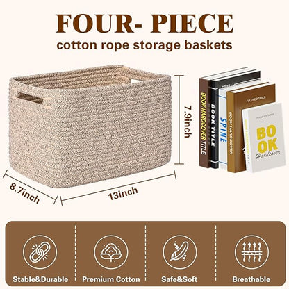 Storage Baskets for Organizing, 4 Pack Storage Baskets for Shelves, Woven Basket for Shelves, Closet Organization, Rectangle Organizer Basket Gifts Empty, 13"Lx8.7"Wx7.9"H Decorative Bins with Handles