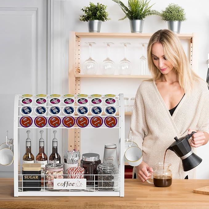 Metal K Cup Holder with Wooden Tray, 2-Tier Coffee Bar Organizer with Mug Hooks, Countertop Coffee Pod and Station Accessories – White