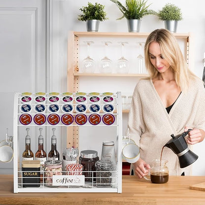 Metal K Cup Holder with Wooden Tray, 2-Tier Coffee Bar Organizer with Mug Hooks, Countertop Coffee Pod and Station Accessories – White