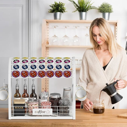 Metal K Cup Holder with Wooden Tray, 2-Tier Coffee Bar Organizer with Mug Hooks, Countertop Coffee Pod and Station Accessories – White