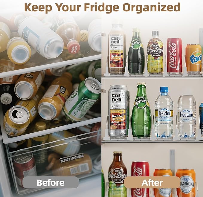 HIYOHIYO 6 Row Auto-Push Soda Can Organizer for Refrigerator, Automatic Pushing Drink Dispenser for Fridge, Self Push Beverage Rack, Drink Organizer Holds up to 30 Cans, Adjustable Width (Depth 15")