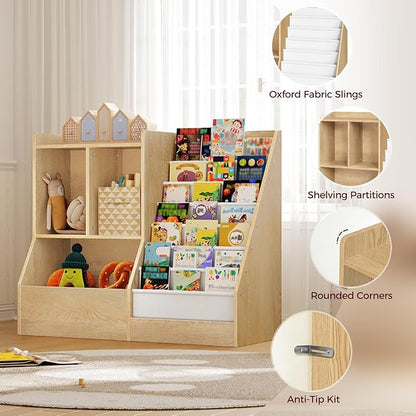 39.4" Kids Bookshelf and Toy Storage, 7 Layer Kids Book Sling Shelf, Toddler Bookshelf, Kids Bookcase, Toy Organizer Cabinet, Large, for Playroom, Bedroom, Nursery, Natural BKNW7301