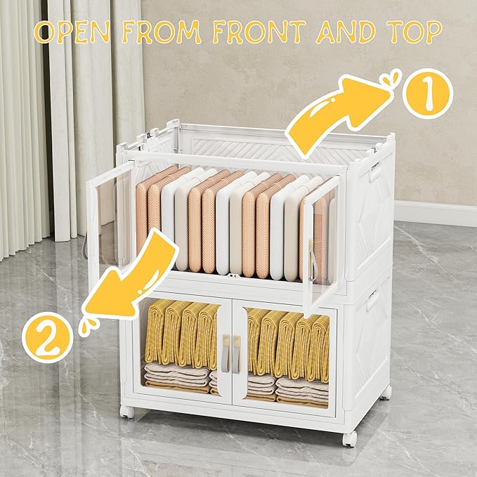 Vavkorkula Large Stackable Storage Bins with Lids, 220QT-110QT*2Tier Foldable Cabinet for Closet Organizers, Plastic Storage Containers Box with Wheels