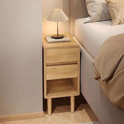 Nightstand 2 Drawers with Open Shelf Narrow Night Stand Solid Wood Bedside Table Mid Century Modern Nightstand Wooden End Table for Bedroom, Living Room, Study, Office