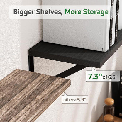 Wall Shelves 7.3" Deep Set of 4, Solid Paulownia Wood Wider Longer Sturdy Easy to Install Wall Mounted Bookshelves Storage Shelves Bathroom Home Office Laundry Room Bedroom Organizer Black