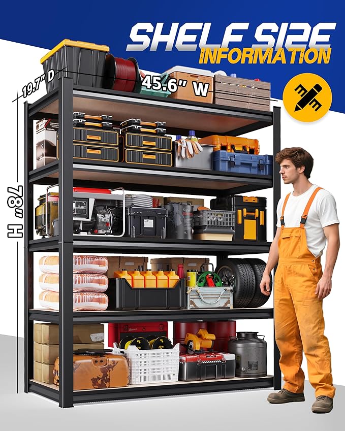78" H Storage Shelves, 5-Tier Garage Shelving Heavy Duty, Home Storage Rack, Utility Metal Shelf, Adjustable Shelving Unit, for Dorm, Basement, Kitchen,19.7" D x 45.6" W x 78" H, Black