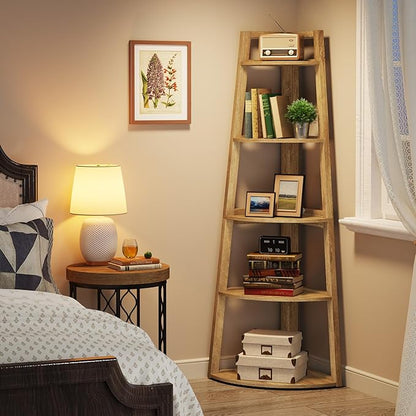 Tribesigns 70 inch Tall Corner Shelf, 5 Tier Modern Corner Bookshelf Bookcase Industrial Corner Ladder Shelf Plant Stand for Living Room, Kitchen, Home Office (Light Brown)