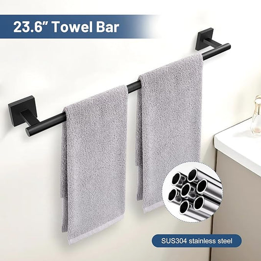 TURS Matte Black 5-Pieces Bathroom Hardware Set SUS304 Stainless Steel Towel Bar Set Wall Mounted 23.6 Inch Towel Racks for Bathroom Square Towel Holder Set