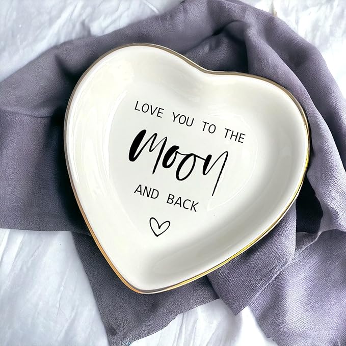 HatafaFurni Ring Dish Gift For Mom Wife Bride Lover, Ceramic Jewelry Dish, Trinket Tray, Mother's Day Gift, Wedding Gifts, Love You To The Moon And Back, Vday Gifts for Lover, Valentines Gift Ideas