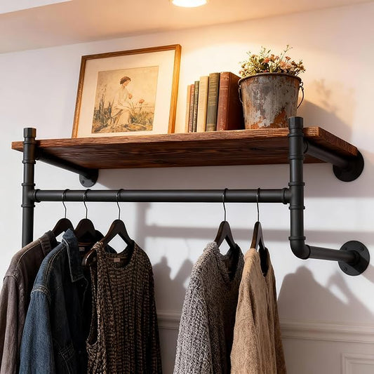 WEBI Wall Mounted Clothes Rack with Shelf,27" Industrial Pipe Clothing Rack with Shelf with Hanging Rod,Heavy Duty Iron Garment Rack Bar,Retail Display Clothes Rod for Laundry Room,Closet,Black