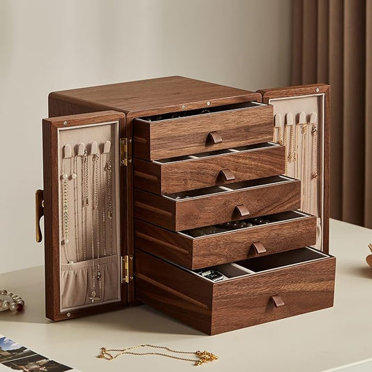 Homruilink Wooden Jewelry Box 5 Layer Black Walnut Large Jewelry Organizer with Brass Handle for Necklaces Rings Earrings Watches Storage, Valentines Day Gifts for Her(7.9x8.7x10.0inches)