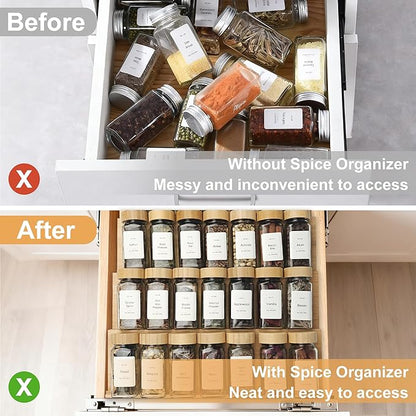 KitHero Spice Drawer Organizer with 20 Bamboo-lidded Spice Jars,216 Labels,25 Non-slip Rubber, Bamboo 4 Tier Seasoning Rack Tray Insert for Kitchen Drawers,Cabinets,Countertop,11" Wide x 15.8" Deep