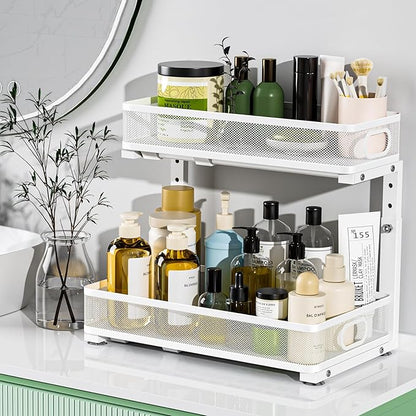 Under Sink Organizer, High Adjustable 2 Tier Under Sink Organizers and Storage, Slide Out Metal Cabinet Organizers, Pull Out Sink Storage Drawer Shelf for Kitchen Bathroom Cabinet, White, 2 Pack