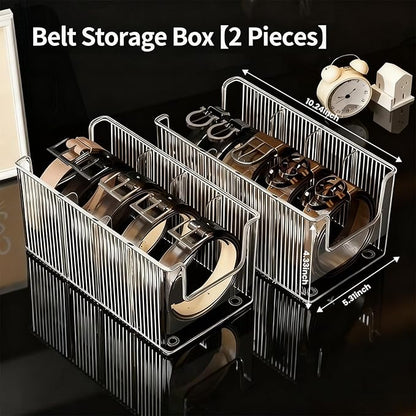 Liznkjious Acrylic Belt Organizer, 2 Pack with 5 Adjustable Dividers, Clear Stackable Belt and Tie Storage Organizer for Closet and Drawer, Multi-Purpose Display Bins for Belts,Ties, Socks, Underwear